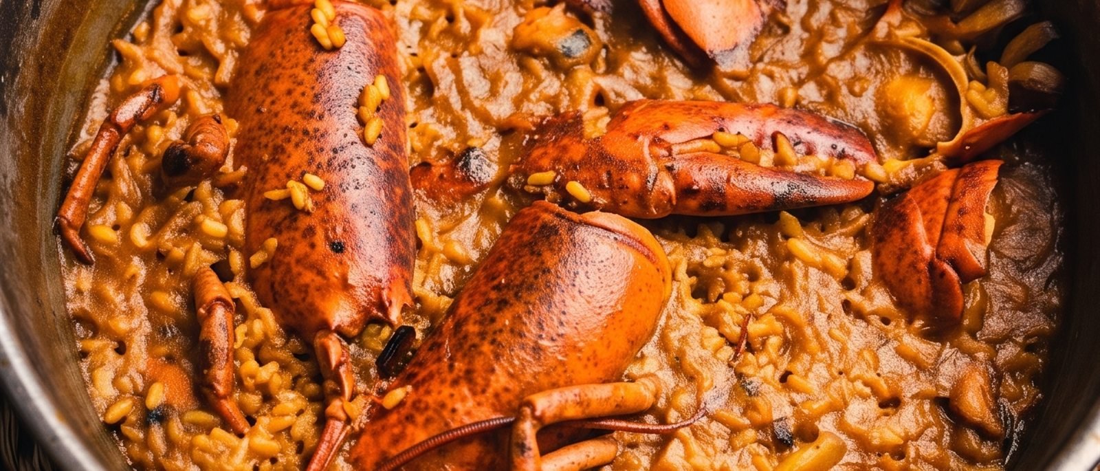 Arroz meloso con pinzas y cola de bogavante en la cazuela