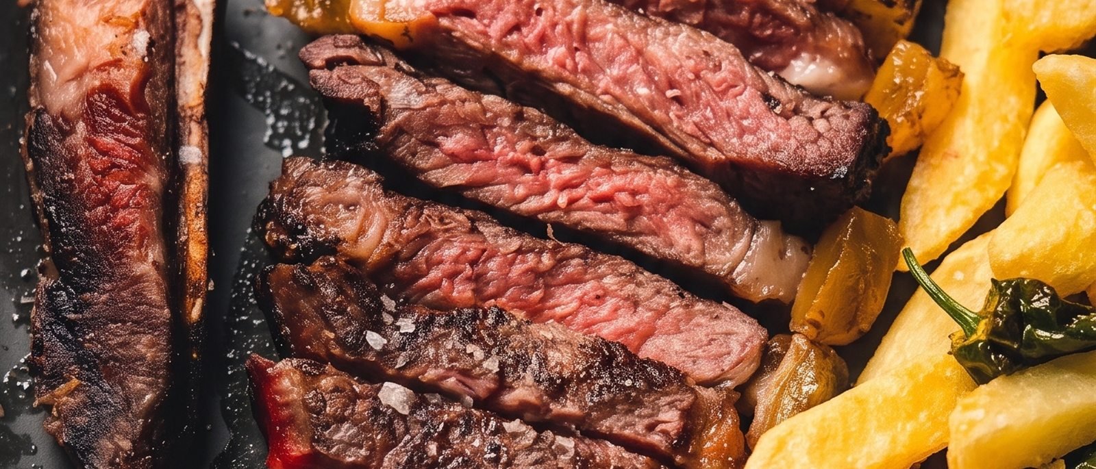 Chuletón fileteado al punto con sal en escamas, patatas y pimientos de Padrón