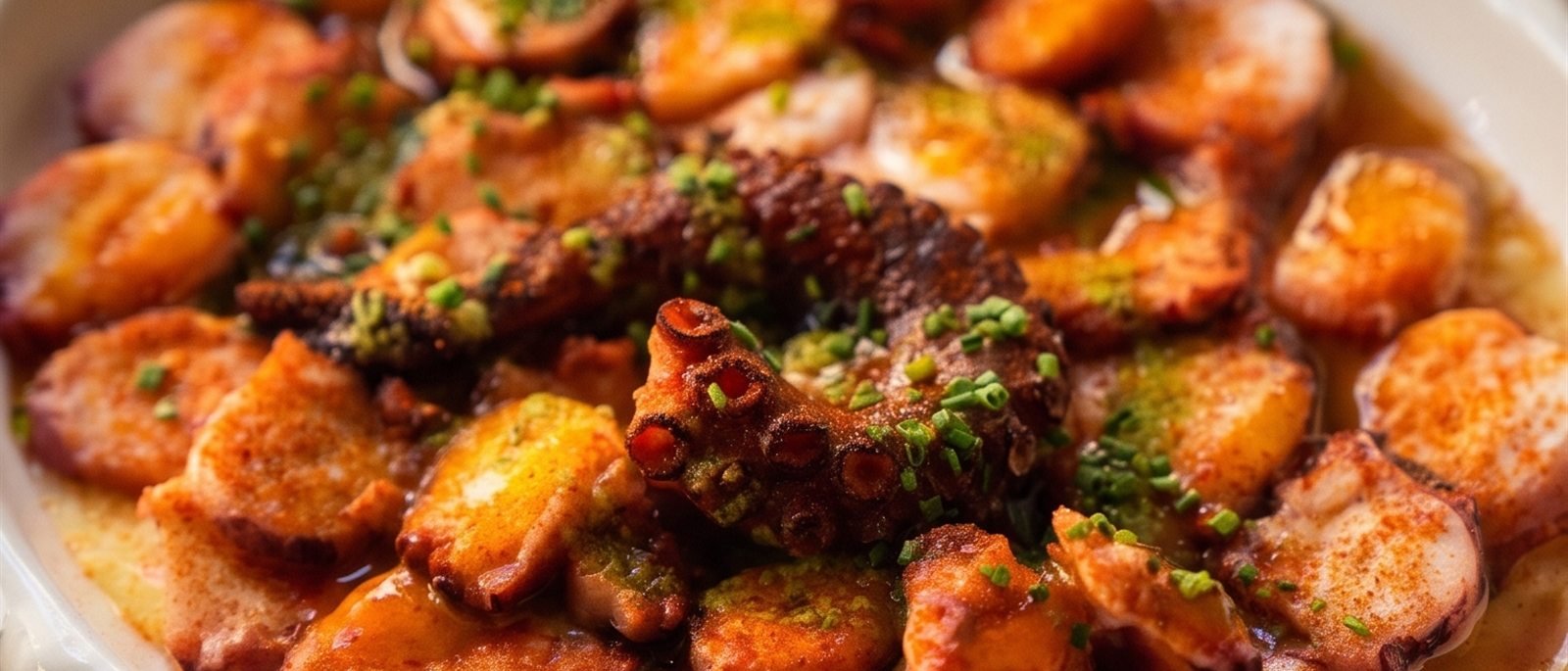 Pulpo a la brasa con pimentón y cebollino sobre parmentier