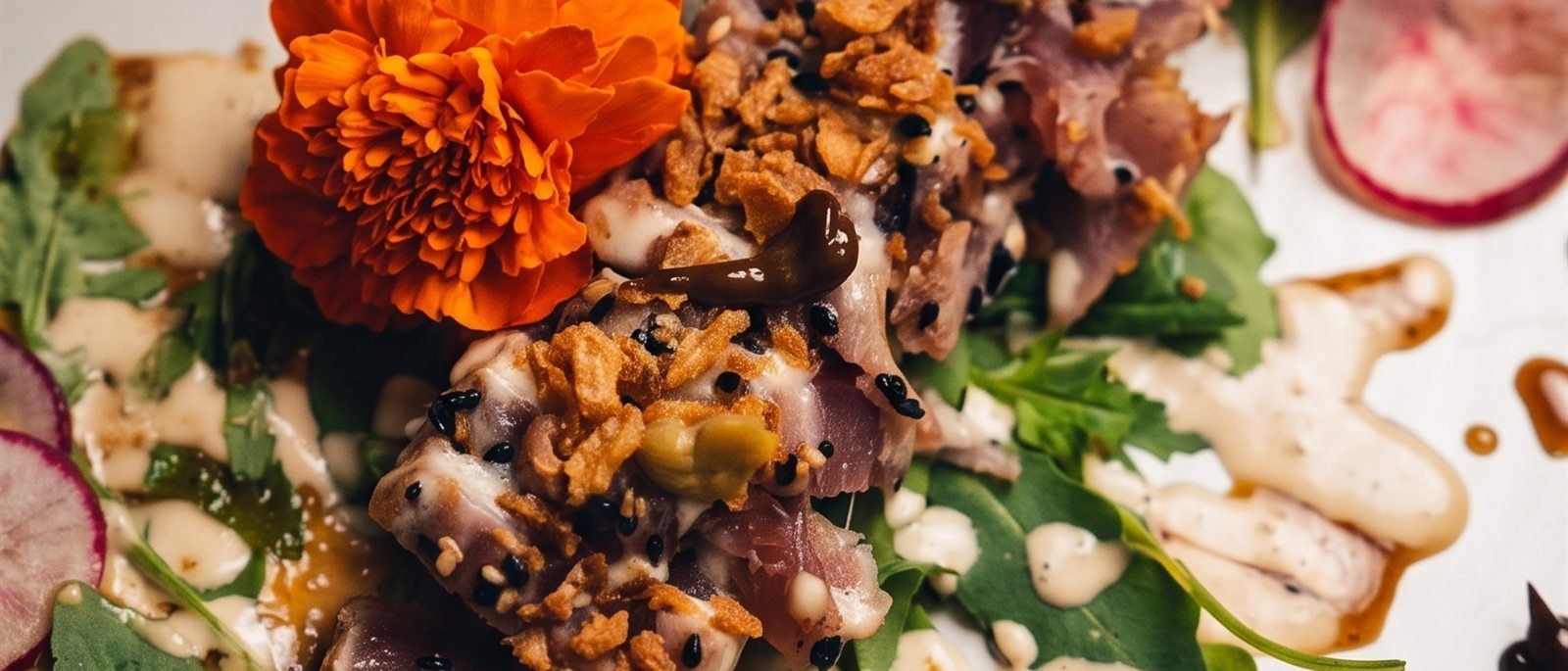 Tataki de atún rojo con flores comestibles, rúcula y mayonesa cevichada